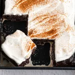 chocolate tres leches cake in a dark pan with white whipped cream and cinnamon sprinkled on top