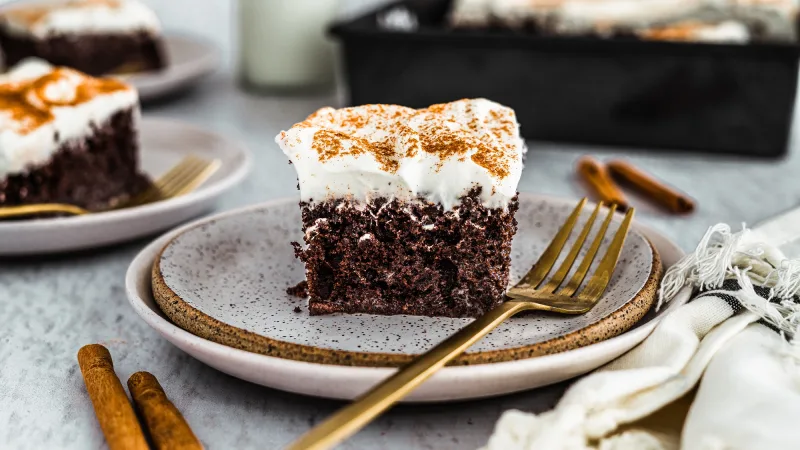 chocolate tres leches cake sliced on a plate with white whipped cream and cinnamon sprinkled on top