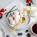 donuts stacked in a pyramid on a white plate with assorted berries and dipping sauce