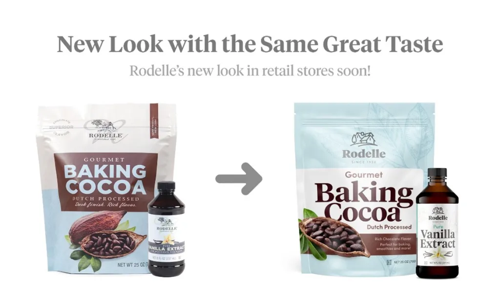 picture of cocoa pouch and vanilla bottle with old branding beside picture of cocoa pouch and vanilla bottle with new branding