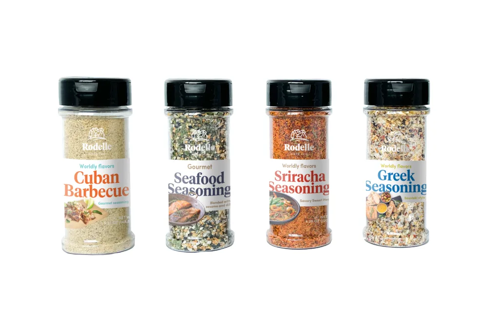 bottles of Rodelle-branded spices on white background