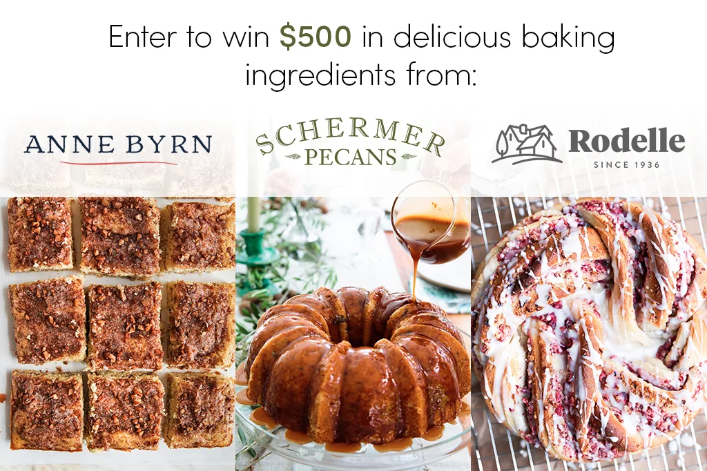 Giveaway banner with Rodelle, Anne Byrn and Schermer Pecans logos and pecan treats